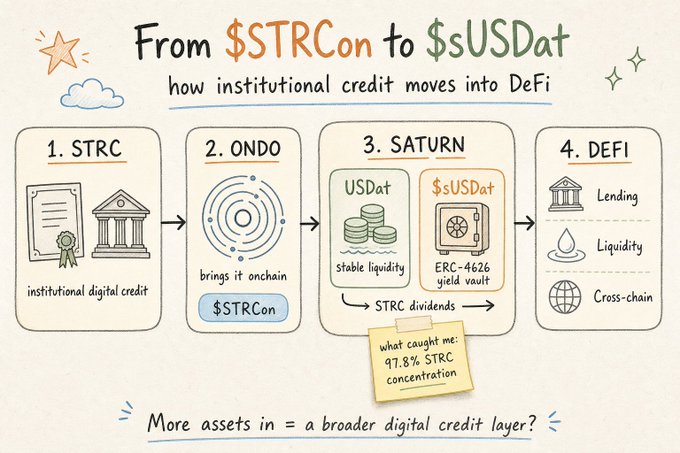 An illustrated infographic titled 'From $TRCon to $sUSDat' explaining how institutional credit moves into DeFi through four stages: STRC (institutional digital credit), ONDO ($TRCon), SATURN (USDat stable liquidity and $sUSDat ERC-4626 yield vault with STRC dividends), and DeFi (lending, liquidity, cross-chain), with a sticky note noting '97.8% STRC concentration' and a tagline 'More assets in = a broader digital credit layer?'