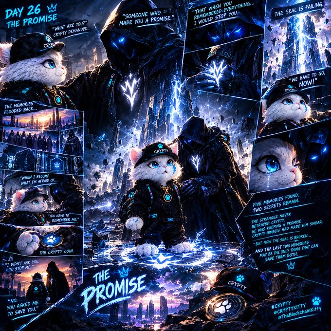 A comic-style NFT illustration titled 'Day 26: The Promise' featuring a white kitten character named Crypty in a black cap alongside a mysterious hooded figure with glowing blue eyes, with panels showing dialogue like 'Someone who made you a promise' and hashtags #CRYPTTY and #TheBlockchainKitty.