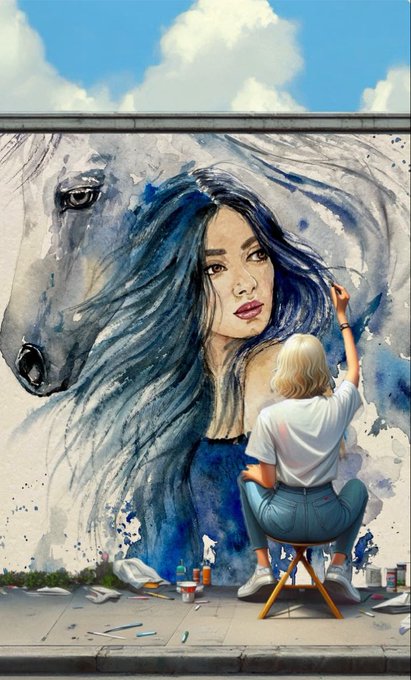 A digital illustration of a blonde woman sitting on a stool, painting a large mural of a woman's face merged with a horse on a wall.