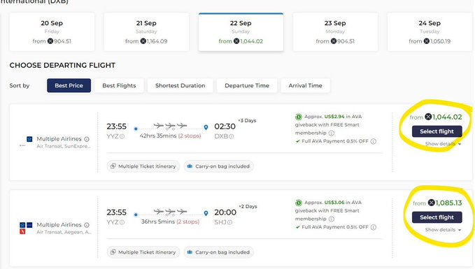 A flight booking website displays international flight options from YYZ (Toronto) to Dubai, with a highlighted departure date of 22 Sep starting at $1,044.02 for a 42hr 35min flight to DXB, and $1,085.13 for a 36hr 5min flight to SHJ, both noted as accepting "AVA" payment with 0.5% off via "Smart membership."

The image relates to the post by showing real-world travel prices that could potentially be paid using $XRP through these airlines' payment systems.