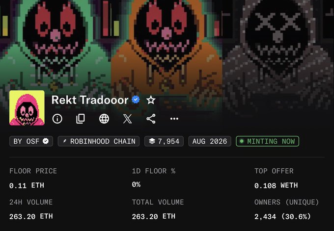 An NFT collection page titled 'Rekt Traadooor' by OSF on Robinhood Chain, showing 'MINTING NOW' status, floor price of 0.11 ETH, 24H volume of 263.20 ETH, and 2,434 unique owners (30.6%).