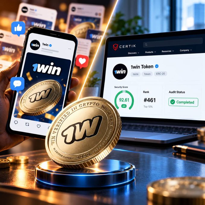 A promotional image showing a gold "1WIN" token on a podium, with a smartphone displaying the 1Win app and a laptop showing a Certik security audit with a score of 92.61 and Rank #461.