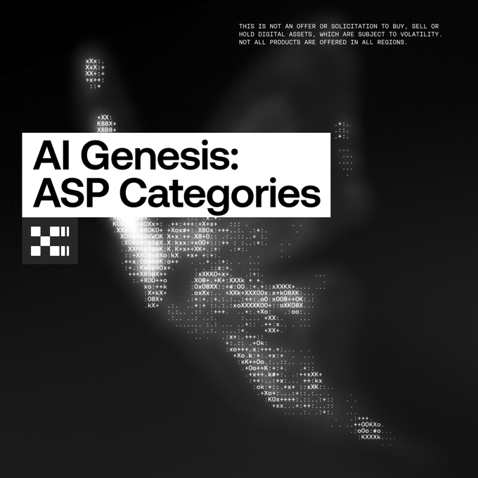 The image is a dark-themed graphic featuring a stylized hand rendered in ASCII characters against a black background, with the bold white text "AI Genesis: ASP Categories" displayed prominently in a rectangular block. The top right corner contains a disclaimer noting the content is not an offer to buy or sell digital assets and that not all products are available in all regions. The image appears to be a header or cover graphic for a guide on OKX's AI Genesis program, specifically addressing Agent Service Provider (ASP) categories and listing requirements such as proper x402 protocol compliance.