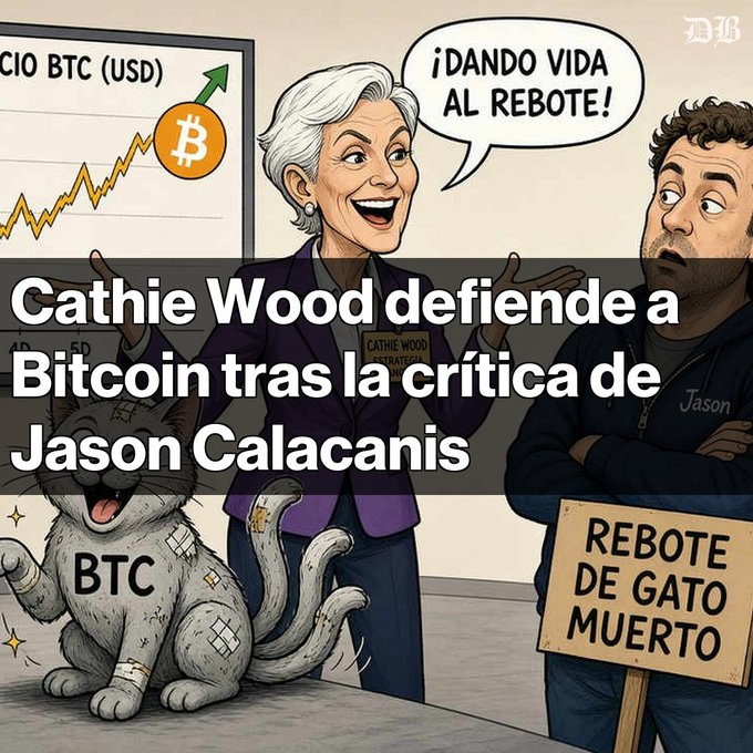 A cartoon captioned 'Cathie Wood defiende a Bitcoin tras la crítica de Jason Calacanis' (Cathie Wood defends Bitcoin after Jason Calacanis's criticism), showing Cathie Wood excitedly shouting next to a 'dead cat bounce' sign.
