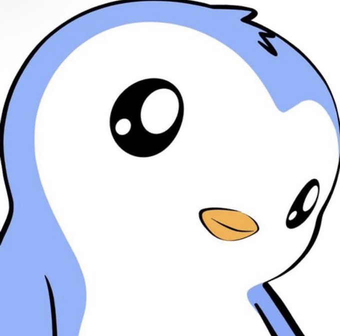 A cartoon illustration of a wide-eyed, innocent-looking white and blue penguin chick, paired with text encouraging others to buy more $PENGU cryptocurrency on the dip, with the adorable penguin serving as the mascot for the token.