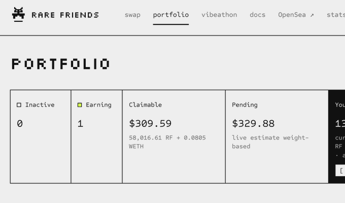 A Rare Friends portfolio dashboard shows 1 NFT earning with $309.59 claimable (58,016.61 RF + 0.0805 WETH) and $329.88 pending, supporting the post's claim of $380 recovered over 9 days from the $2,300 Genesis FP on the $RF NFT project.