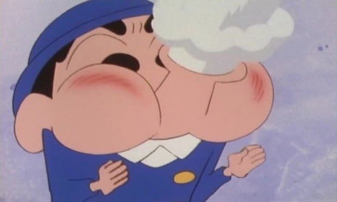 An animated character with a flushed, puffy face, wearing a blue outfit and cap, with a puff of white smoke/steam coming from his head, looking dazed or embarrassed.