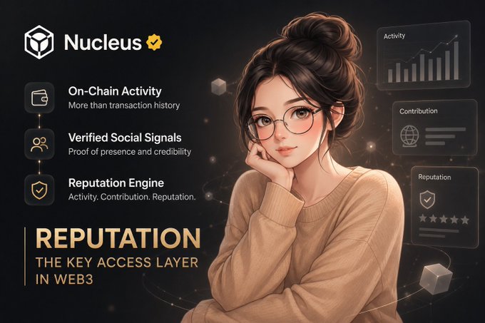 Promotional graphic for 'Nucleus' featuring an illustrated woman with glasses and text highlighting 'On-Chain Activity', 'Verified Social Signals', 'Reputation Engine', and 'REPUTATION: THE KEY ACCESS LAYER IN WEB3' alongside charts for Activity, Contribution, and Reputation.