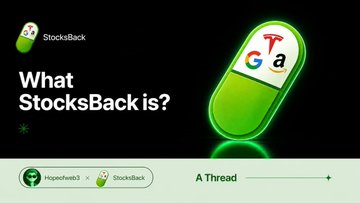 A Twitter/X post explaining 'What StocksBack is?' featuring a green pill-shaped character with Google logos on it, with 'A Thread' link at the bottom.