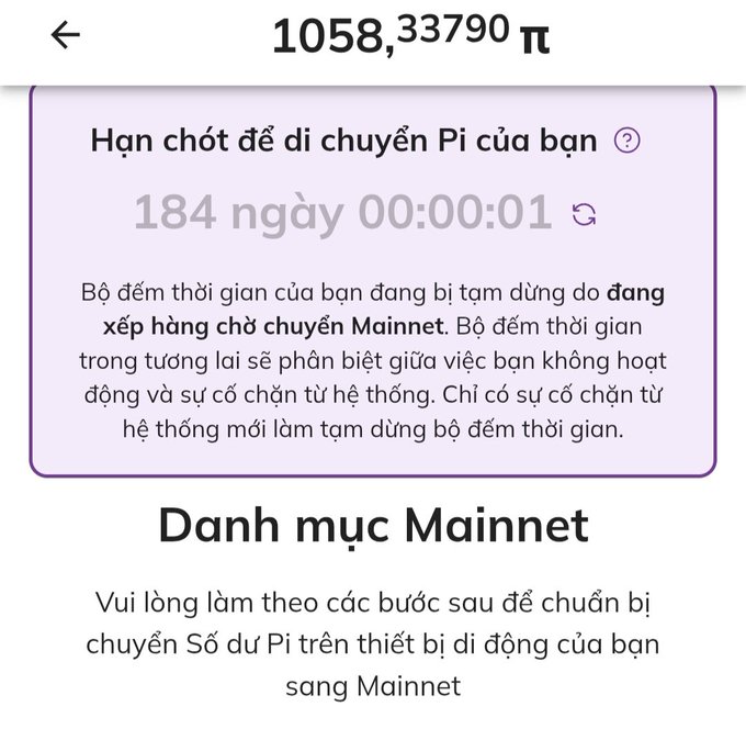 A mobile app screen in Vietnamese showing a balance of 1058.33790 Pi and a transfer restriction countdown of 184 days for migrating Pi to the Mainnet.