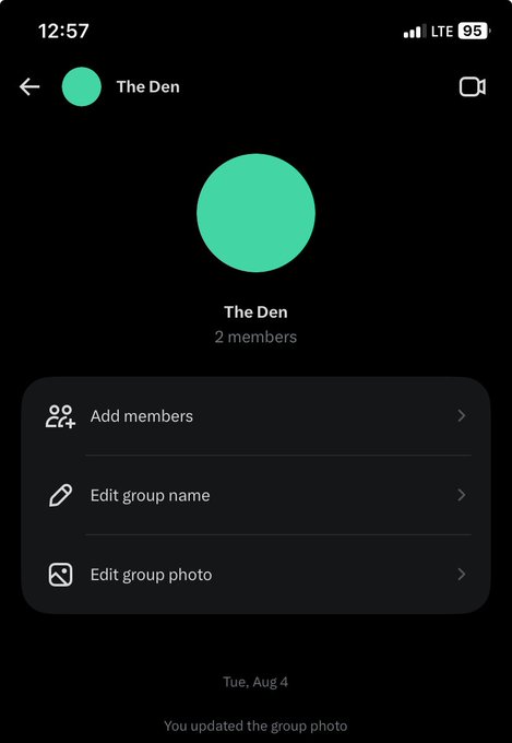 A screenshot of a mobile app showing a group settings page for 'The Den', which has 2 members and options to add members, edit the group name, and edit the group photo.