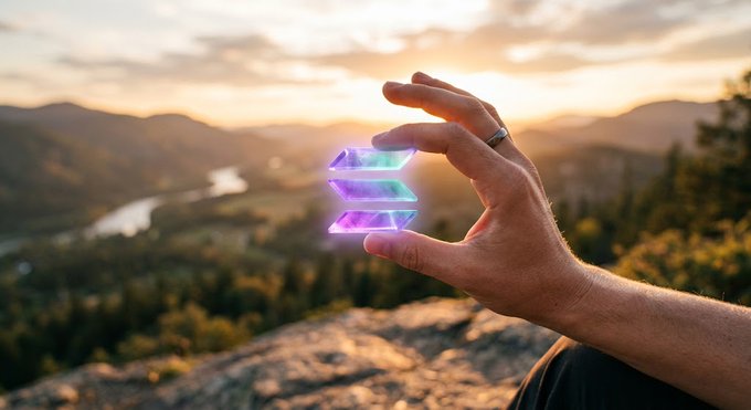 A hand wearing a ring reaches toward a glowing purple holographic stack icon floating above a scenic mountain landscape at sunset.