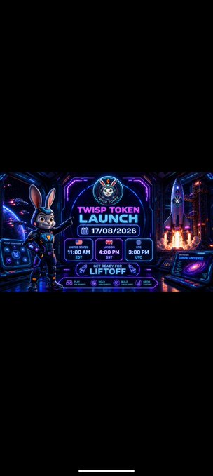 A promotional graphic for a 'TWISP TOKEN LAUNCH' scheduled for 17/08/2026, featuring a cartoon bunny character in a futuristic setting with countdown times and liftoff event details.