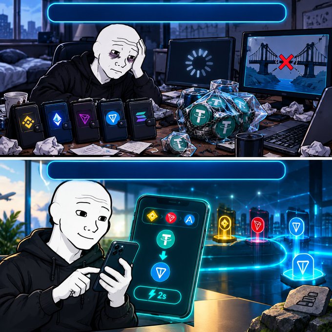 A meme illustration showing a stressed 'Wojak' character looking at various crypto wallets (Binance, Tether, etc.) next to a broken bridge with a red X in the top panel, contrasted with a happy version of the character easily using a phone app with a 2-second transaction in the bottom panel.