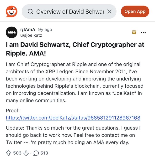 A Reddit AMA post by u/sjoelkatz on r/IAmA titled 'I am David Schwartz, Chief Cryptographer at Ripple. AMA!', with 503 upvotes and 513 comments.
