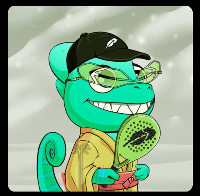 A cartoon teal chameleon wearing a black cap, green-tinted sunglasses, and a Hawaiian shirt smirks while holding a green paddle, set against a sparkly white background.