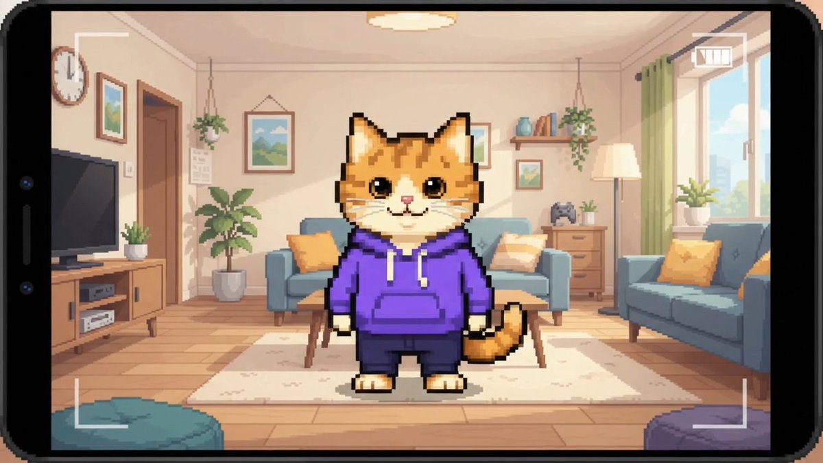 A pixel art illustration, framed as if viewed through a camera viewfinder, shows an anthropomorphic orange tabby cat wearing a purple hoodie and dark pants, standing in a cozy, furnished living room.