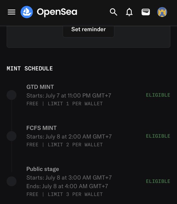 The image shows an OpenSea mint schedule with three phases—GTD Mint (July 7, 11:00 PM GMT+7), FCFS Mint (July 8, 2:00 AM GMT+7), and Public Stage (July 8, 3:00–4:00 AM GMT+7)—all marked as "ELIGIBLE," supporting the post's message that connected wallets are confirmed eligible for the @RallyOnChain mint.