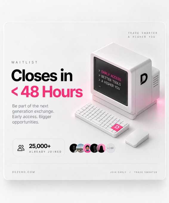 A promotional graphic for DeZero showing a retro white computer monitor with text "WAITLIST Closes in <48 Hours," "25,000+ ALREADY JOINED," and "TRADE SMARTER A HIGHER YOU."
