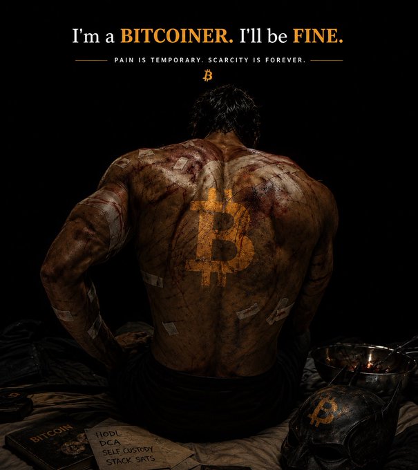 A battered, bloodied man with bandages and a glowing Bitcoin symbol scarred into his back sits facing away, beneath the text "I'm a BITCOINER. I'll be FINE. — PAIN IS TEMPORARY. SCARCITY IS FOREVER." A notebook lists "HODL, DCA, SELF-CUSTODY, STACK SATS," and a helmet with the Bitcoin logo rests nearby — visually reinforcing the post's message that Bitcoin holders endure pain because scarcity is permanent.