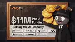 A promotional graphic announces "$11M Pre-A Funding - Building the AI Economy" with logos for backers including Samsung, Capgemini, and others, alongside an anthropomorphic dog character in a suit wearing a graduation cap.