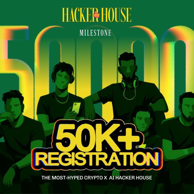 A promotional graphic for "HACKER HOUSE" celebrating a "MILESTONE" of "50K+ REGISTRATION", described as "THE MOST-HYPED CRYPTO X AI HACKER HOUSE".