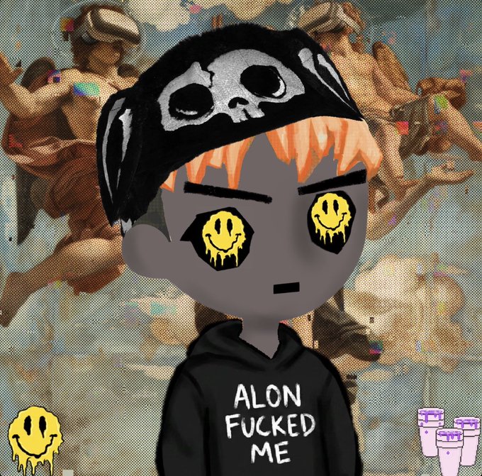 A stylized cartoon illustration depicts a gray-skinned character with orange hair, a skull bandana, melting yellow smiley face eyes, and a black hoodie reading 'ALON FUCKED ME', set against a classical painting background with melting smiley and pill bottle stickers.
