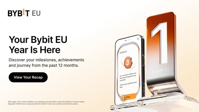 A promotional banner for "BYBIT EU" with the headline "Your Bybit EU Year Is Here," featuring a smartphone displaying a welcome screen and a large, glossy orange number "1."