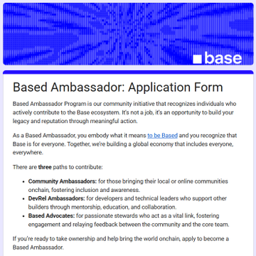 The image shows a flyer for an application process, likely for a program called "Based Ambassador." The flyer has blue text against a white background, with a photo of a person's face on the left side. It appears that the flyer is designed as a tutorial or guide for applying to become an ambassador.
