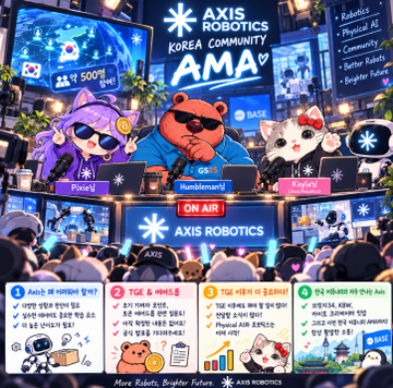 An 'AXIS ROBOTICS KOREA COMMUNITY AMA' promotional poster features animated purple, brown, and white cat characters at a stage setup, with Korean text panels below titled 'AMA' and 'ON AIR'.