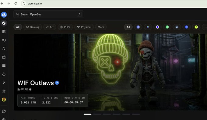 A promotional banner on OpenSea showcases the "WIF Outlaws" NFT collection by WIF0, featuring a neon green skull and a masked character with a mint price of 0.031 ETH and 2,222 total items, capturing the pre-launch excitement described by the creator.