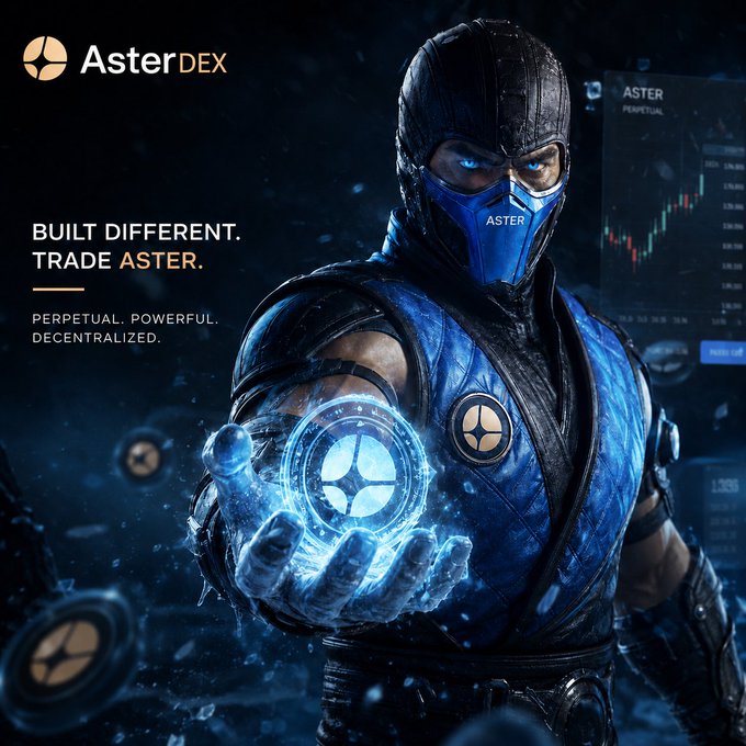 AsterDEX advertisement featuring a blue-masked ninja-like character holding a glowing blue orb with the AsterDEX logo, tagline 'BUILT DIFFERENT. TRADE ASTER. PERPETUAL. POWERFUL. DECENTRALIZED.'