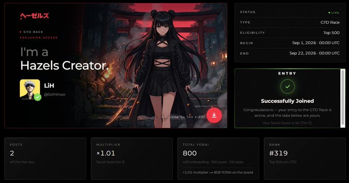 A dashboard for 'Hazels' GTD Race showing user 'LiH (@0xlithooi)' as a creator, with status 'LIVE,' entry confirmed, rank #319, 800 total YORAI, and a multiplier of x1.01.