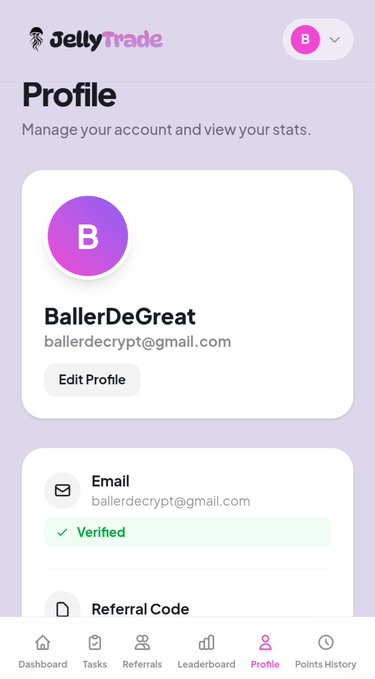 The image shows a "Profile" page on JellyTrade with user "BallerDeGreat" (ballercrypt@gmail.com) displaying a verified email status, relating to the post's instructions for signing up on JellyTrade's waitlist platform for a potential airdrop.