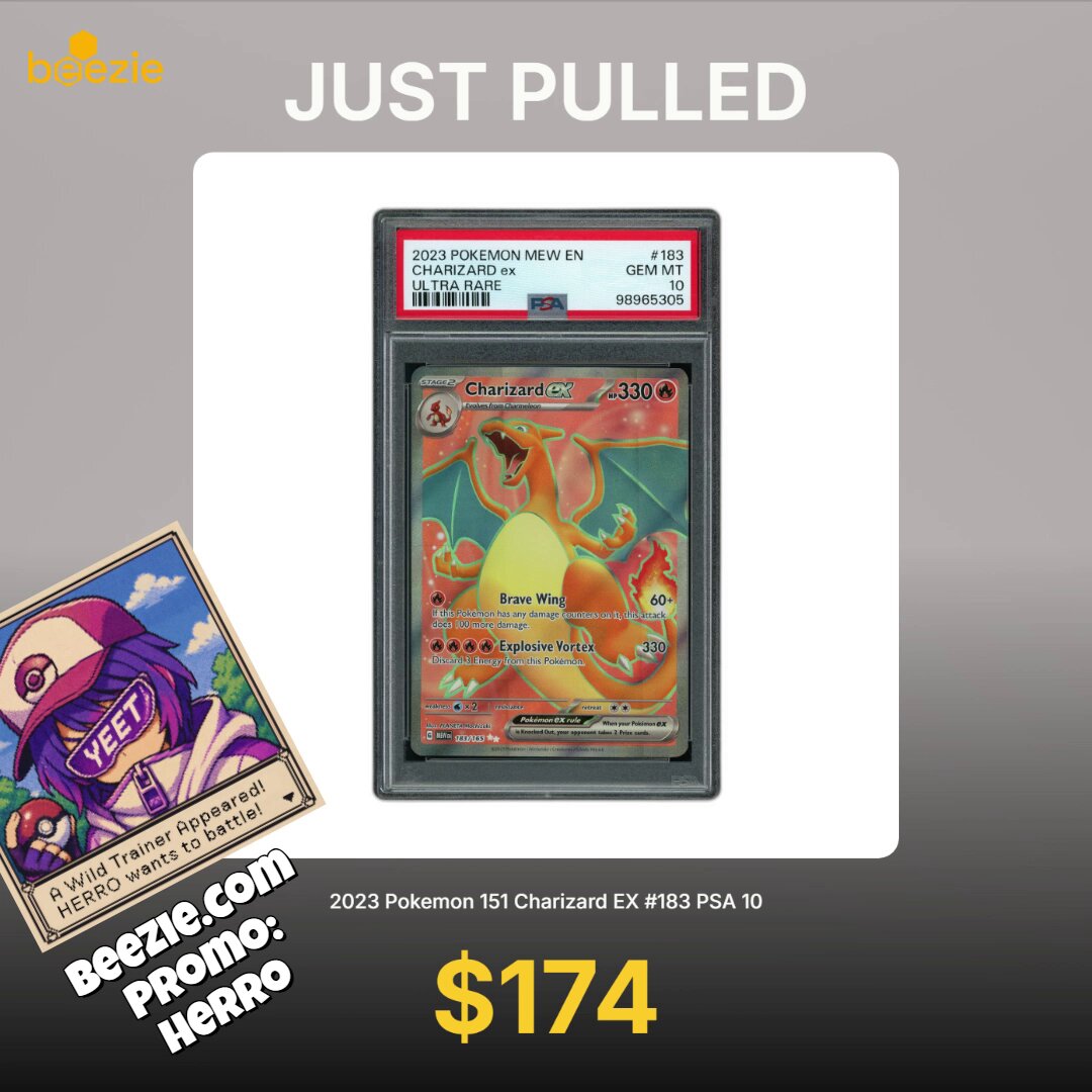 The image features two Pokémon cards, one pink and orange with a red dragon and a green dragon, as well as a picture of someone wearing sunglasses and holding a hat near the card. The background shows the phrase "Just pulled" written above an email address or phone number, which may be associated with the post about the Pokémon cards. The image is accompanied by a caption that reads: "Your targets for the digital TCG claw & marketplaces is way too low. Billions, not a few hundred million @Beezie Best way to get exposure is earning points towards future token airdrops across all platforms."