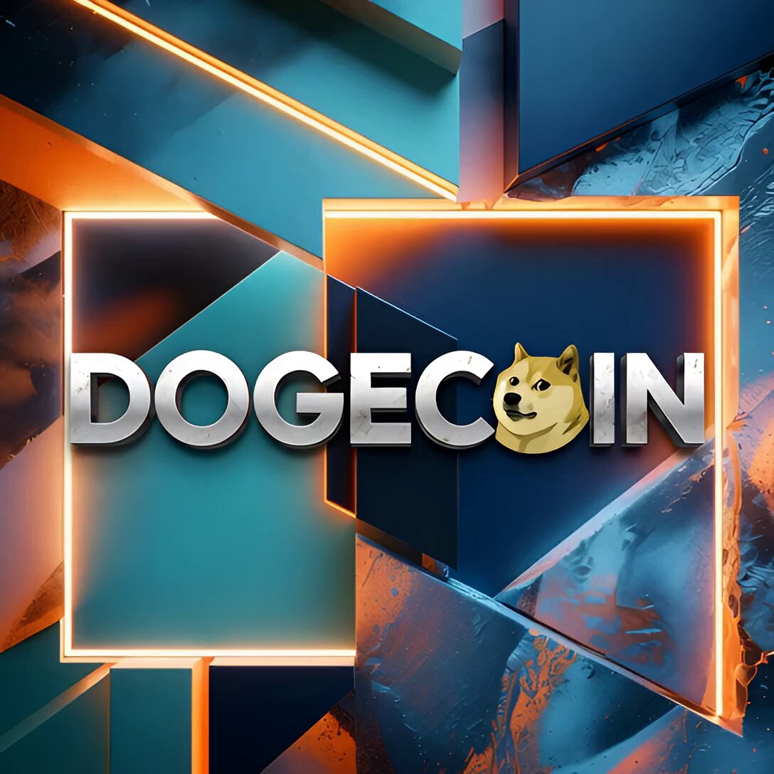 The image features a blue square with the word "DOGE coin" written in white letters above it, surrounded by orange neon lights that create a vibrant and eye-catching background. The text "Dogecoin" is clearly visible against this colorful backdrop, making it easy for viewers to understand the content of the post.
