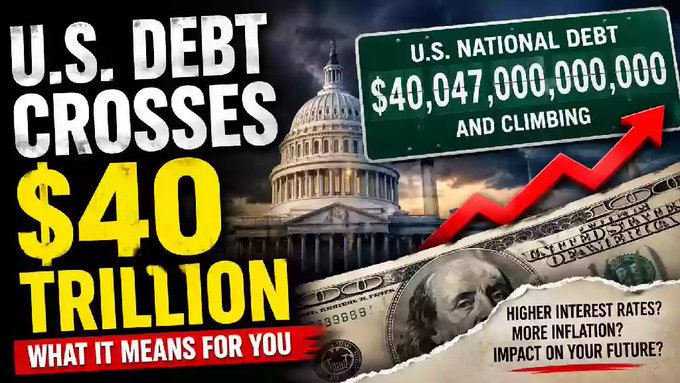 A news graphic titled 'U.S. DEBT CROSSES $40 TRILLION - WHAT IT MEANS FOR YOU' shows the U.S. Capitol, a rising red arrow, hundred dollar bills, and a green sign reading 'U.S. NATIONAL DEBT $40,047,000,000,000 AND CLIMBING'.