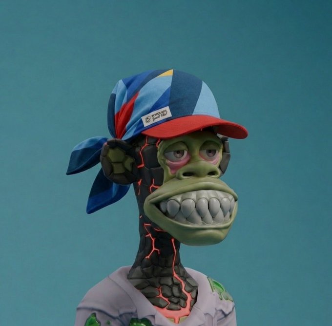 3D rendered cartoon monster character with green skin, a wide toothy grin, cracked lava-like neck texture, wearing a blue and red bandana cap against a teal background.