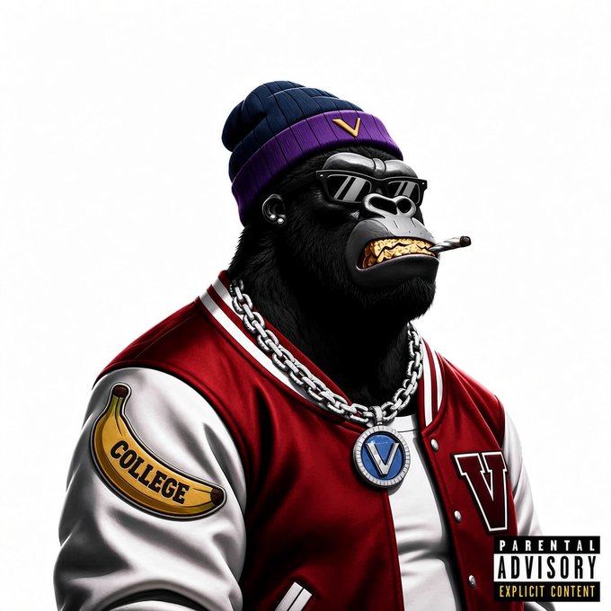 An album cover illustration of a gorilla wearing sunglasses, a beanie, a chain with a 'V' pendant, and a 'COLLEGE' varsity jacket, labeled 'PARENTAL ADVISORY'.