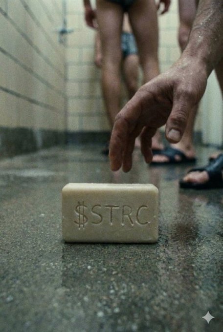 The image features a soap bar with the word "STRC" written on it, placed on a bathroom floor. A hand is reaching out towards the soap bar, possibly picking it up or about to touch it. The background of the image shows two people standing in a shower stall, and there are also some other objects present such as a bottle and a pair of sandals.