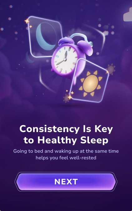 A mobile app screen with a purple background displays a purple alarm clock icon between a moon and sun symbol, with the text 'Consistency Is Key to Healthy Sleep - Going to bed and waking up at the same time helps you feel well-rested' and a 'NEXT' button.