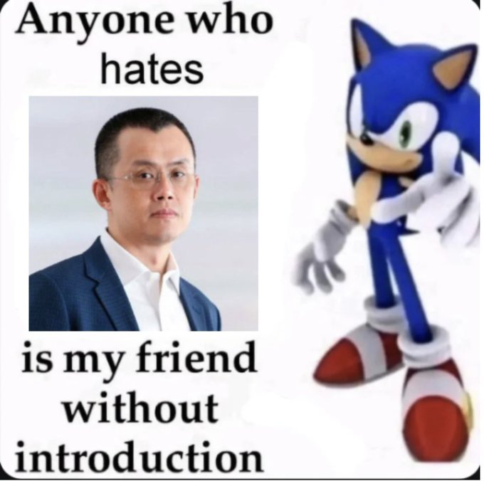 The image is a meme featuring Sonic the Hedgehog alongside a photo of a man, with text reading "Anyone who hates is my friend without introduction." The post uses this meme to humorously declare loyalty to OKX, implying that anyone critical of the exchange is automatically considered an enemy ("friend" used ironically).