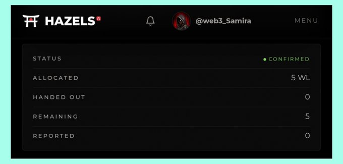 A screenshot of a Hazels NFT allowlist status page for @web3_Samira, showing a 'CONFIRMED' status with 5 WL allocated, 0 handed out, and 5 remaining.