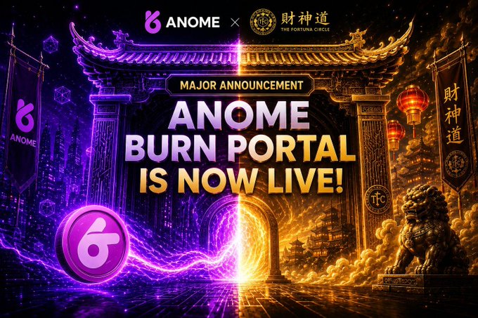 An announcement banner reading 'MAJOR ANNOUNCEMENT: ANOME BURN PORTAL IS NOW LIVE!' featuring a stylized gate split between purple technology and gold traditional Asian aesthetics, with ANOME and '財神道 THE FORTUNA CIRCLE' branding.