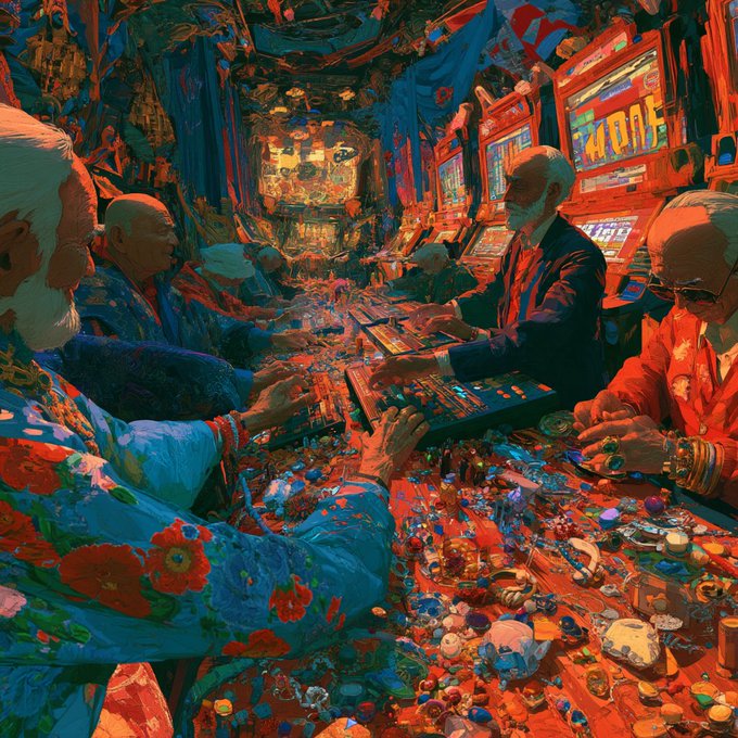 A vibrant, surrealist digital artwork depicting elderly people in traditional Asian clothing gambling at a table, with the numbers '4005' and '2005' visible on slot machine-like displays.