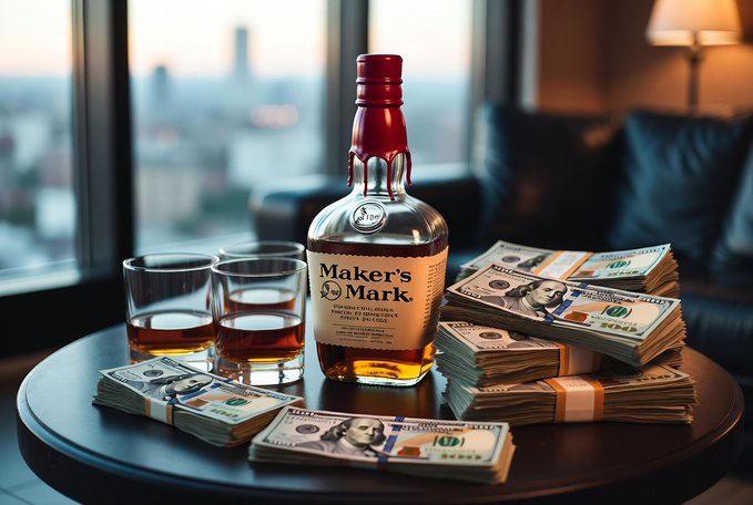 A bottle of Maker's Mark bourbon sits on a dark table alongside two glasses of whiskey and multiple stacks of hundred-dollar bills, with a cityscape visible through the window behind it.
