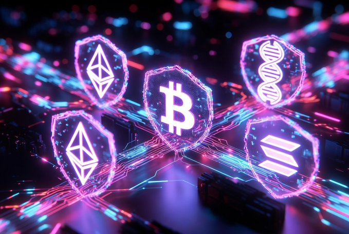 Futuristic digital artwork displaying cryptocurrency symbols (Bitcoin, Ethereum, and others) as glowing neon shields on a circuit board.