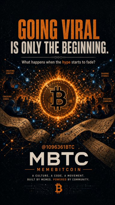 A promotional graphic for 'MBTC MEMEBITCOIN' with the tagline 'GOING VIRAL IS ONLY THE BEGINNING' and '@1096361BTC', featuring a glowing Bitcoin symbol surrounded by networked figures.