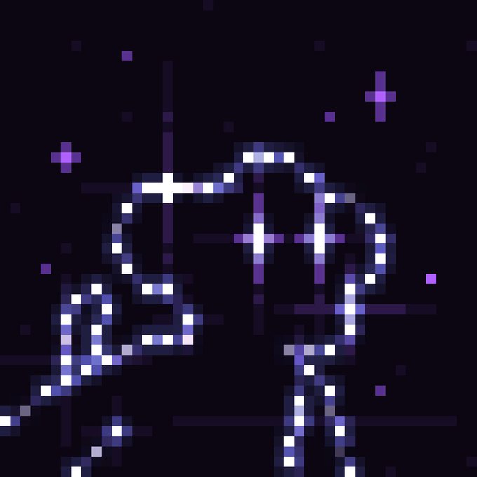 A minimalist pixel art illustration on a dark background depicting the outline of a figure or skull formed by white and purple pixels against a starry purple backdrop.