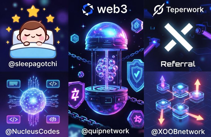A 3x3 grid of six digital illustrations, each with a unique title and logo, is displayed against a dark purple background.